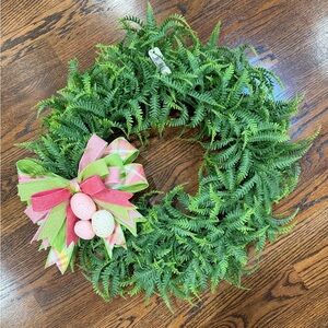 Lush Green Fern Wreath with Pink & Lime Bow and Pastel Eggs